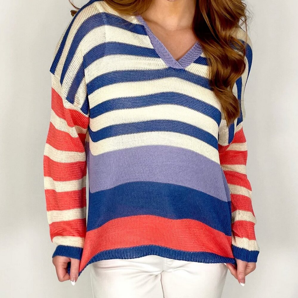 NWT BIBI Striped Color Block Lightweight Sweater Hoodie Sz XL